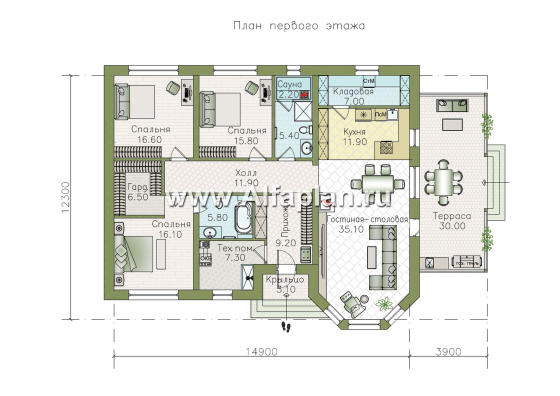 «Розенхайм» - проект одноэтажного дома в баварском стиле, планировка гостиная с эркером, кабинет и 2 спальни, с террасой  - превью план дома