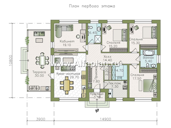 «Розенхайм» - проект одноэтажного дома в баварском стиле, планировка кабинет и 3 спальни, с террасой - превью план дома