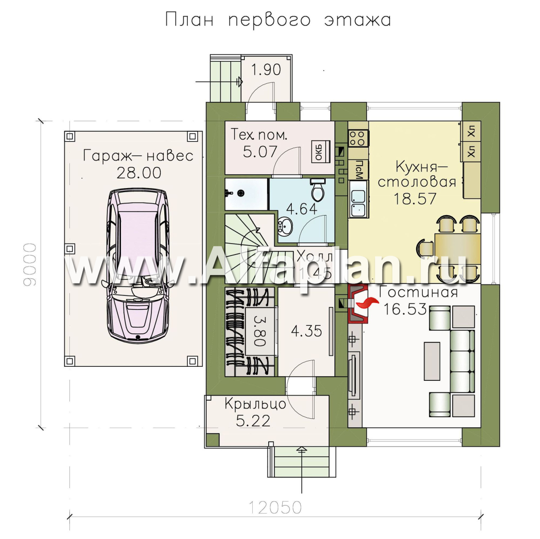 Проекты домов Альфаплан - Кирпичный дом «Серебро» с навесом для машины - изображение плана проекта №1