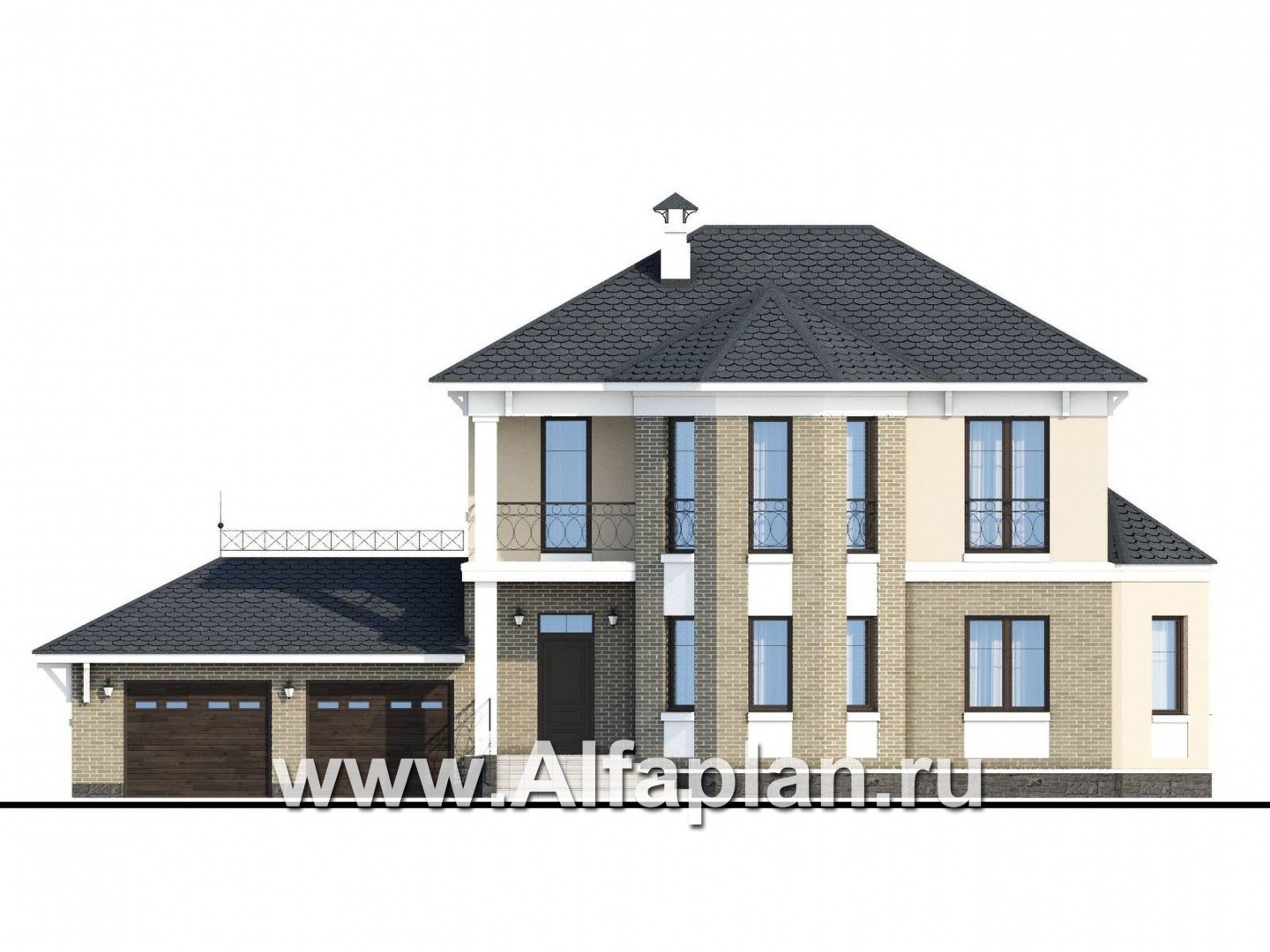Проекты домов Альфаплан - «Классический» - двухэтажный особняк с эркером и гаражом на два автомобиля - изображение фасада №1