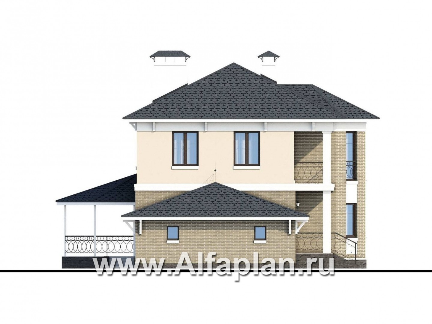Проекты домов Альфаплан - «Классический» - двухэтажный особняк с эркером и гаражом на два автомобиля - изображение фасада №4