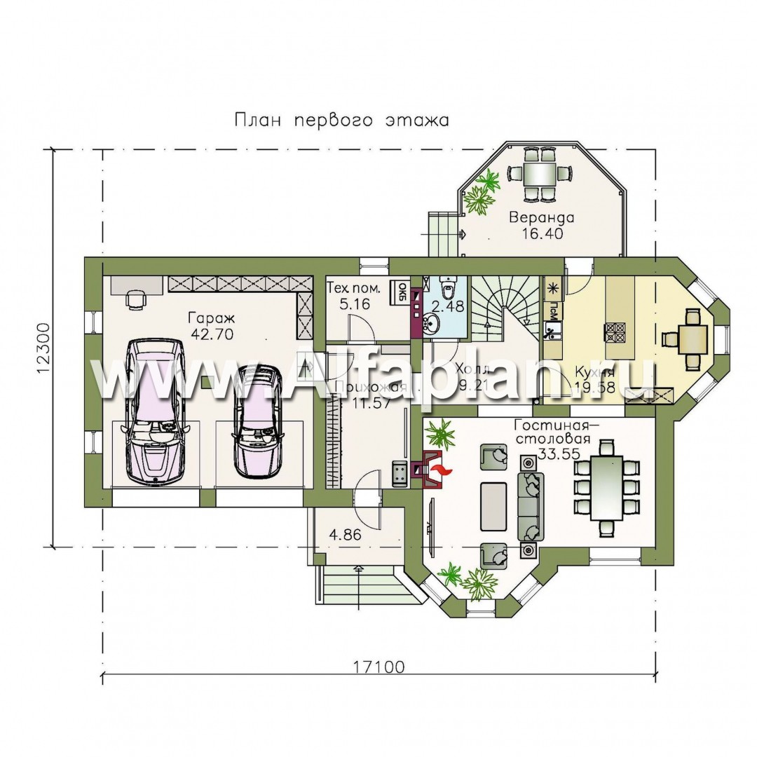 Проекты домов Альфаплан - «Классический» - двухэтажный особняк с эркером и гаражом на два автомобиля - изображение плана проекта №1