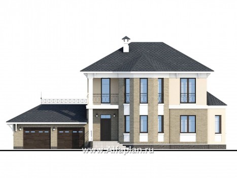 Проекты домов Альфаплан - «Классический» - двухэтажный особняк с эркером и гаражом на два автомобиля - превью фасада №1