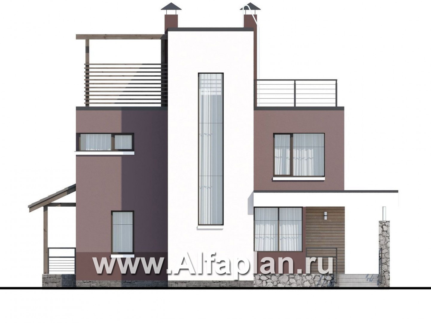Проекты домов Альфаплан - «Динамика» - проект двухэтажного дома в стиле хай-тек, с эксплуатируемой кровлей - изображение фасада №1
