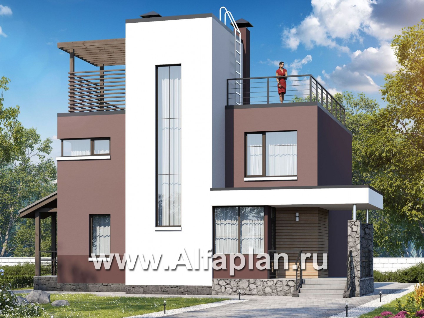 Проекты домов Альфаплан - «Динамика» - проект двухэтажного дома в стиле хай-тек, с эксплуатируемой кровлей - основное изображение