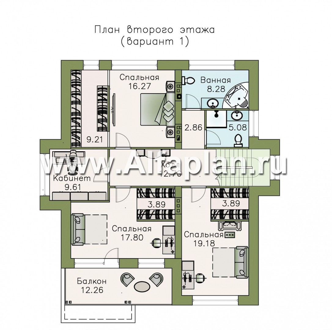 Проекты домов Альфаплан - «Опал» - двухэтажный коттедж с большим крытым балконом - план проекта №2