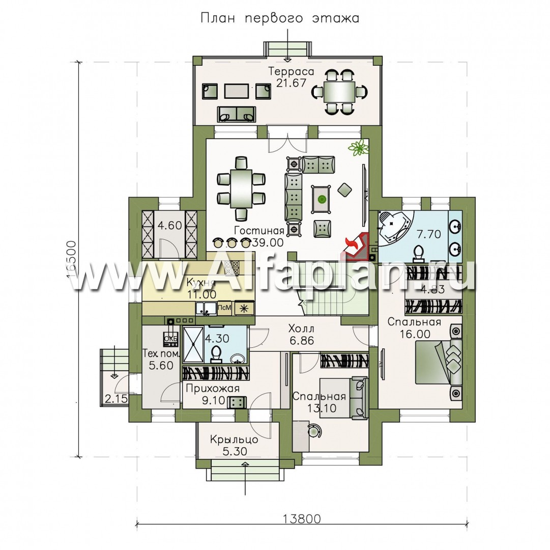 Проекты домов Альфаплан - «Высшая лига» -  Дом с двумя жилыми комнатами на 1эт, большой гостиной и крытой террасой - изображение плана проекта №1