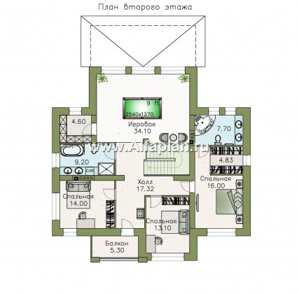 Проекты домов Альфаплан - «Высшая лига» -  Дом с двумя жилыми комнатами на 1эт, большой гостиной и крытой террасой - превью плана проекта №2