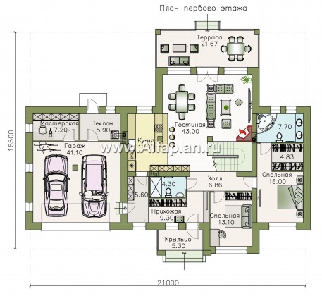 Проекты домов Альфаплан - «Высшая лига» -  Дом с двумя жилыми комнатами на 1эт, с гаражом на два автомобиля - превью плана проекта №1
