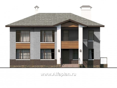 Проекты домов Альфаплан - «Высшая лига» -  комфортабельный двухэтажный дом с двумя жилыми комнатами на 1 этаже - превью фасада №1