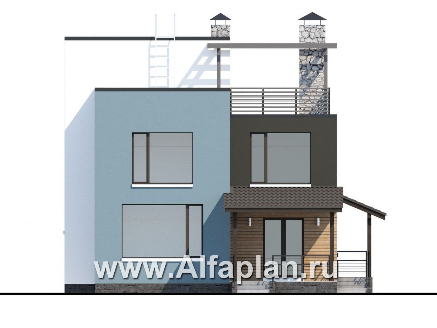 Проекты домов Альфаплан - «Сектор счастья» - коттедж для узкого участка с «зеленой» кровлей - изображение фасада №4
