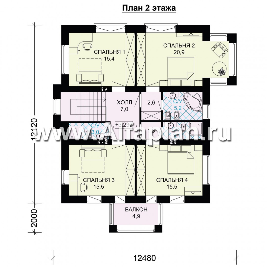 Проекты домов Альфаплан - Двухэтажный кирпичный дом(пять спален) - изображение плана проекта №2