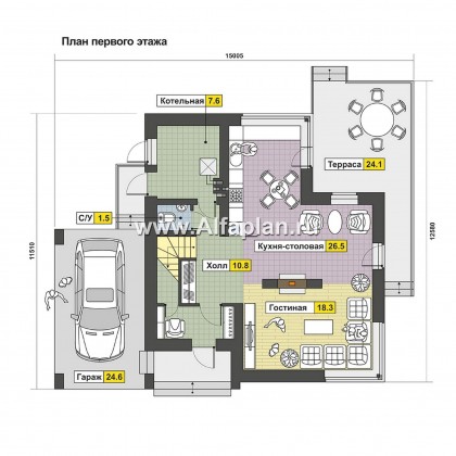 Проекты домов Альфаплан - Компактный современный коттедж с навесом для машины - превью плана проекта №1