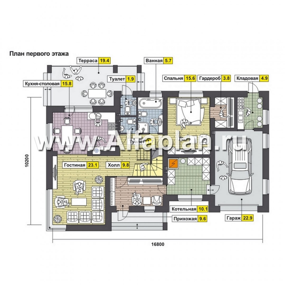 Проекты домов Альфаплан - Современный дом с гаражом и жилой мансардой - изображение плана проекта №1