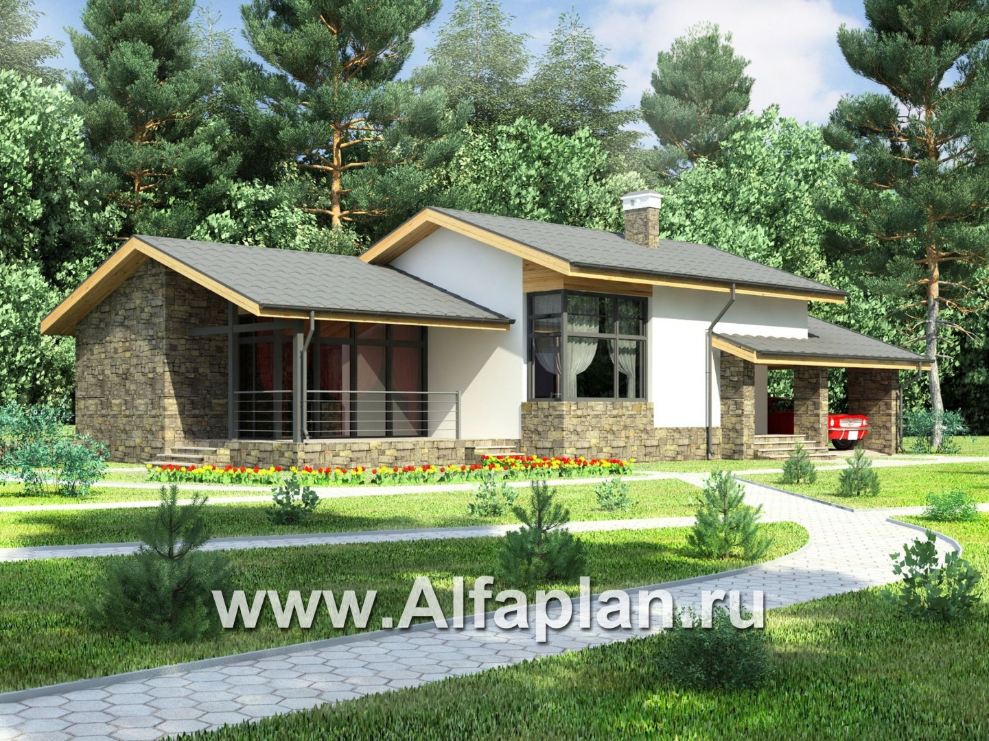 Проекты домов Альфаплан - Одноэтажный загородный дом с навесом для машины - основное изображение
