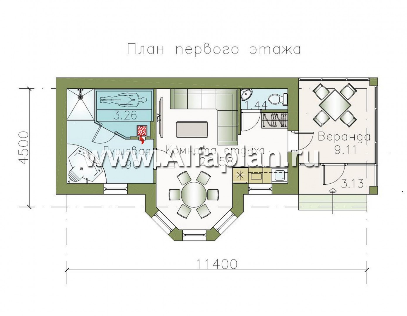 Проекты домов Альфаплан - Проект современной бани с верандой - план проекта №1