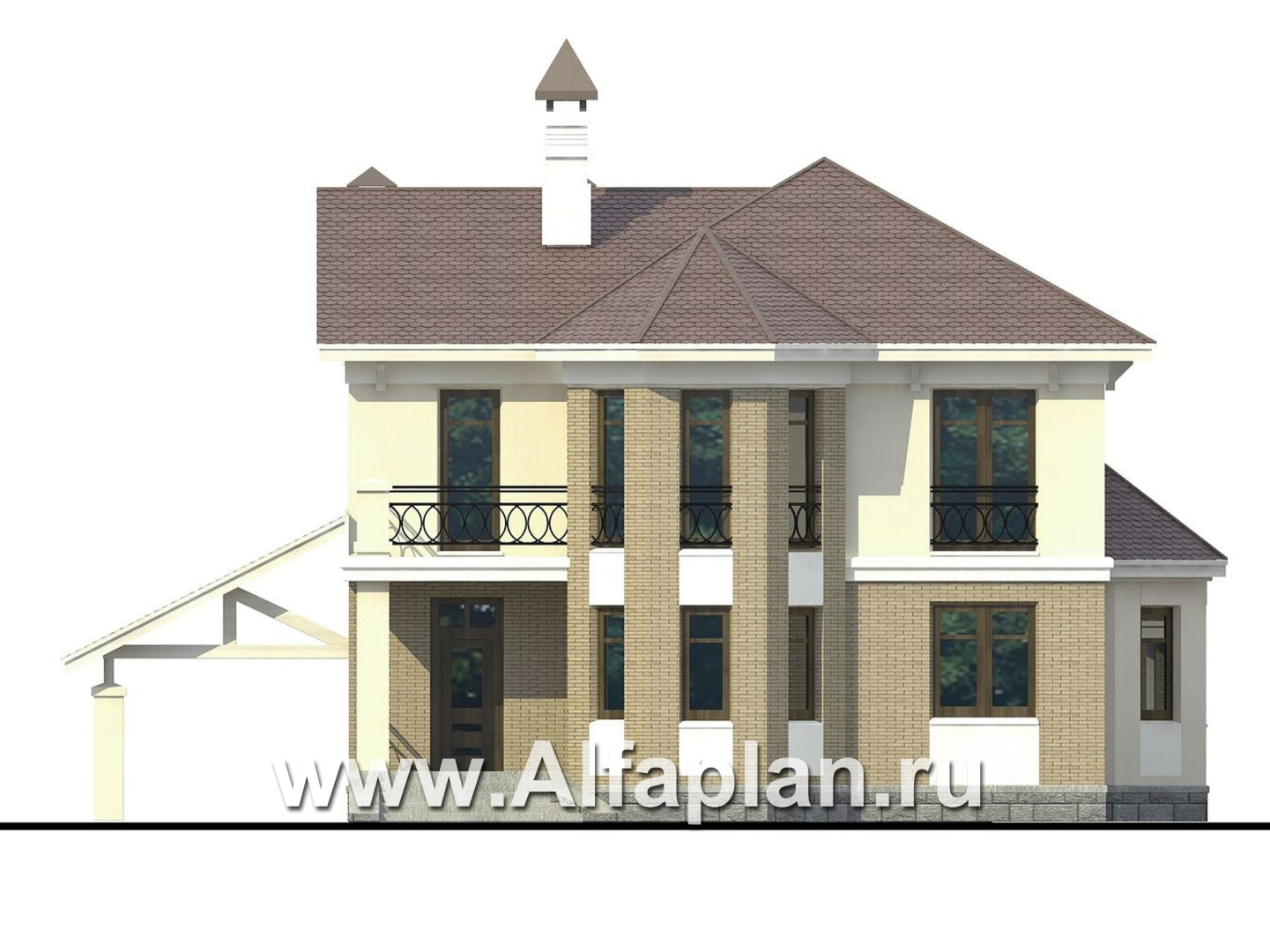 Проекты домов Альфаплан - «Классика»- двухэтажный особняк с эркером и навесом для машины - изображение фасада №1