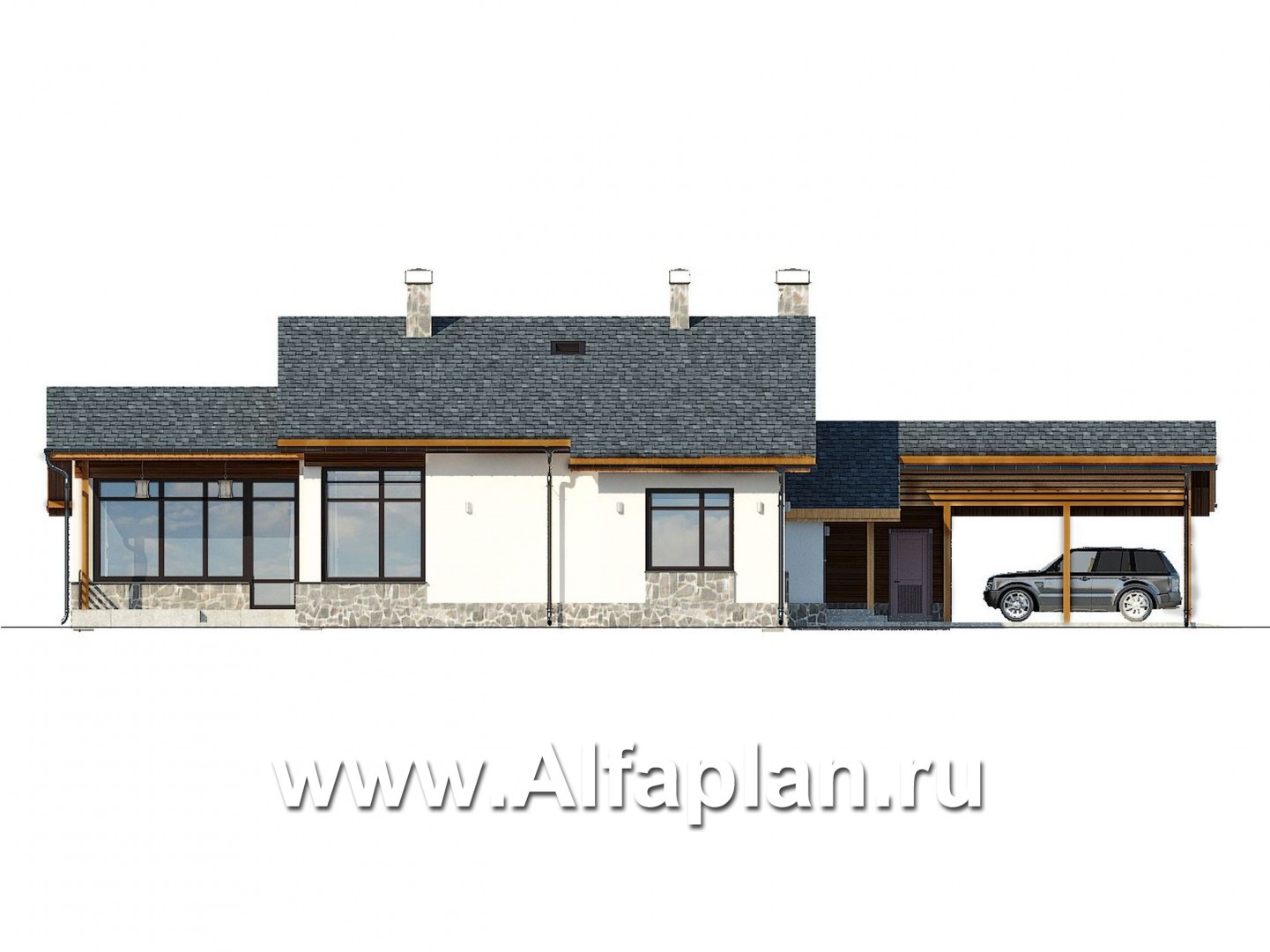 Проекты домов Альфаплан - Загородный дом с двумя спальными на 1-м этаже и навесом для двух авто - изображение фасада №1