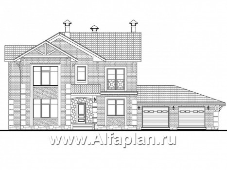 Проекты домов Альфаплан - «Традиция» - комфортабельный коттедж с гаражом на два автомобиля - превью фасада №1