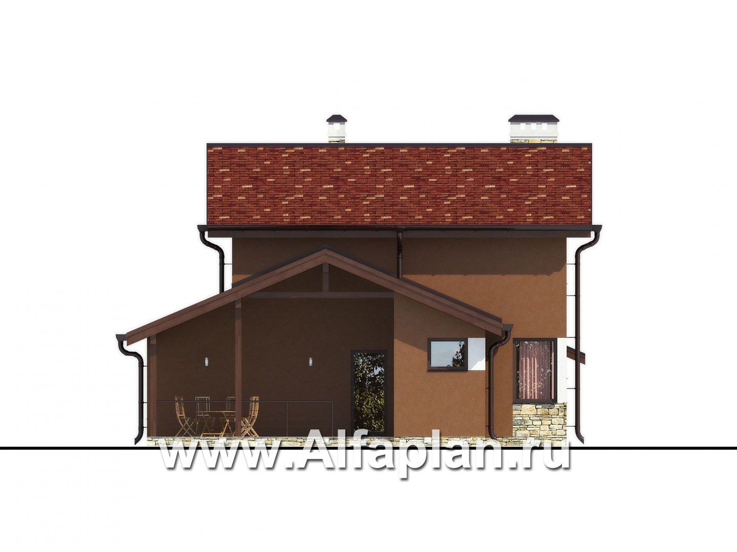 Проекты домов Альфаплан - Каркасный дом с большой террасой и навесом для машины - изображение фасада №3