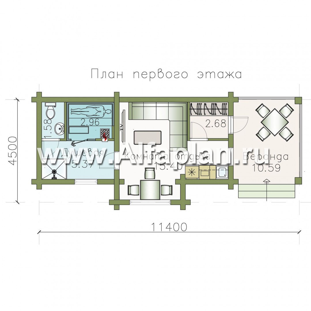 Проекты домов Альфаплан - Уютная одноэтажная деревянная баня с крытой террасой - изображение плана проекта №1