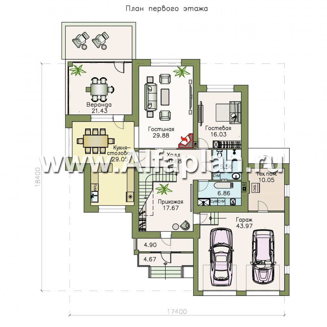 Проекты домов Альфаплан - «Аутентик» - комфортабельный коттедж с большим гаражом и верандой - изображение плана проекта №1