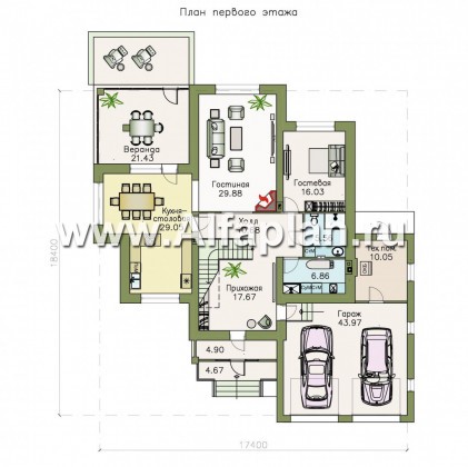 Проекты домов Альфаплан - «Аутентик» - комфортабельный коттедж с большим гаражом и верандой - превью плана проекта №1