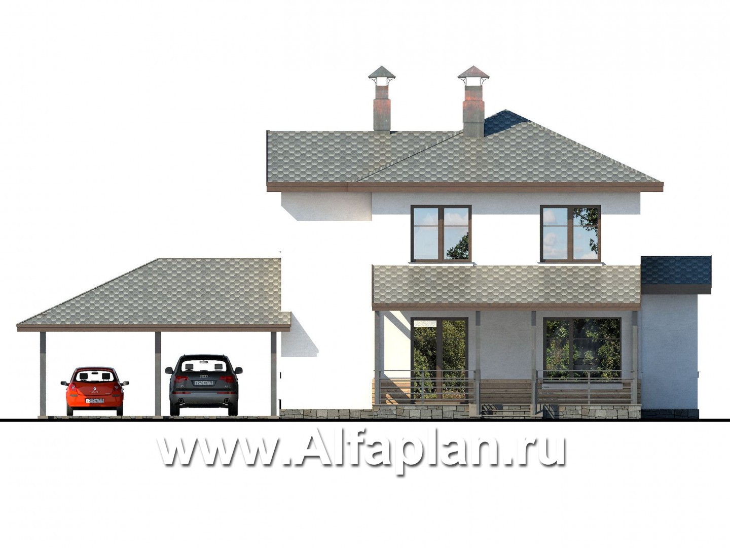 Проекты домов Альфаплан - «Тренд» - современный загородный дом с навесом для машины - изображение фасада №4