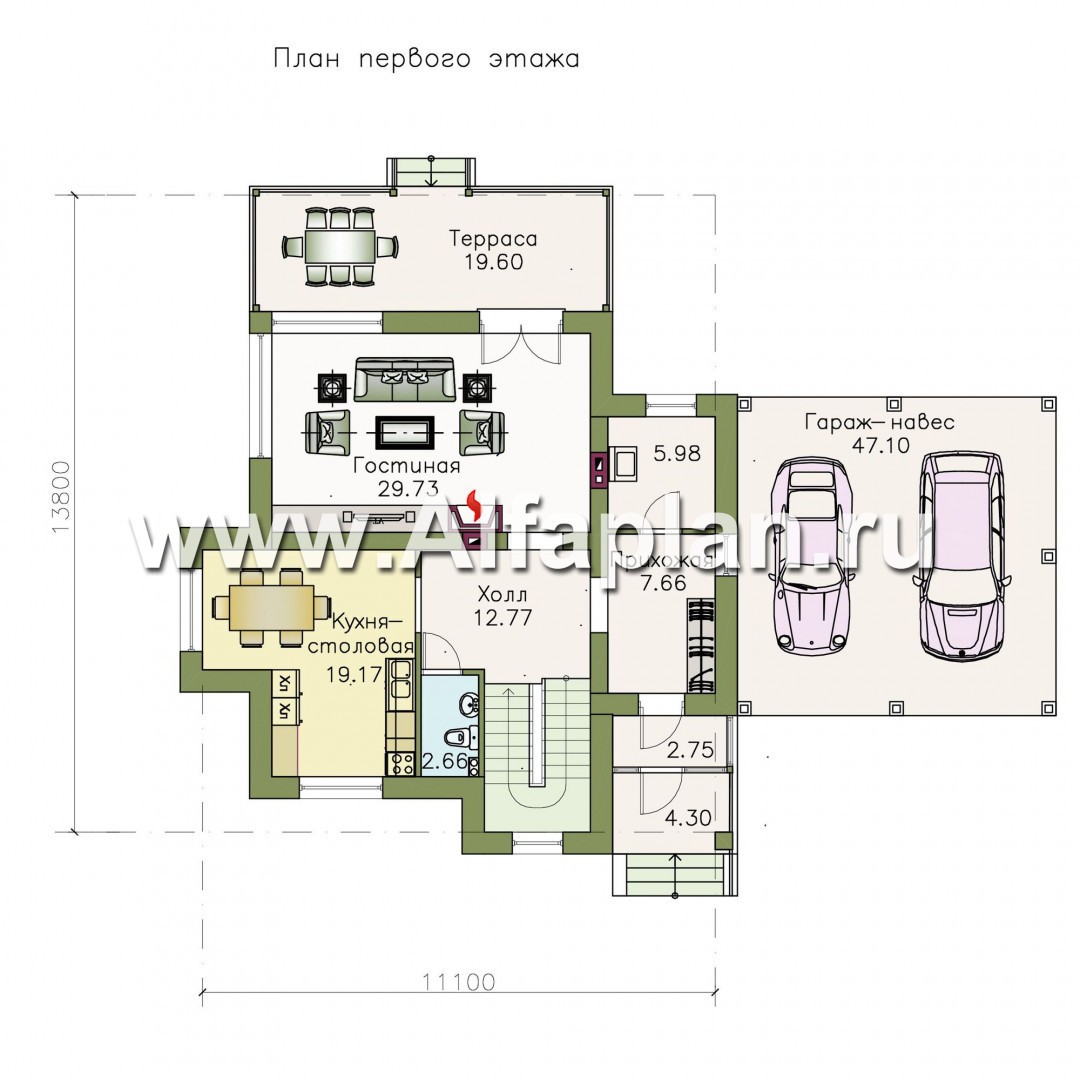 Проекты домов Альфаплан - «Тренд» - современный загородный дом с навесом для машины - план проекта №1