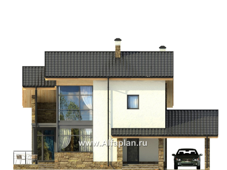 Проекты домов Альфаплан - Двухэтажный кирпичный коттедж с угловым витражом - превью фасада №1