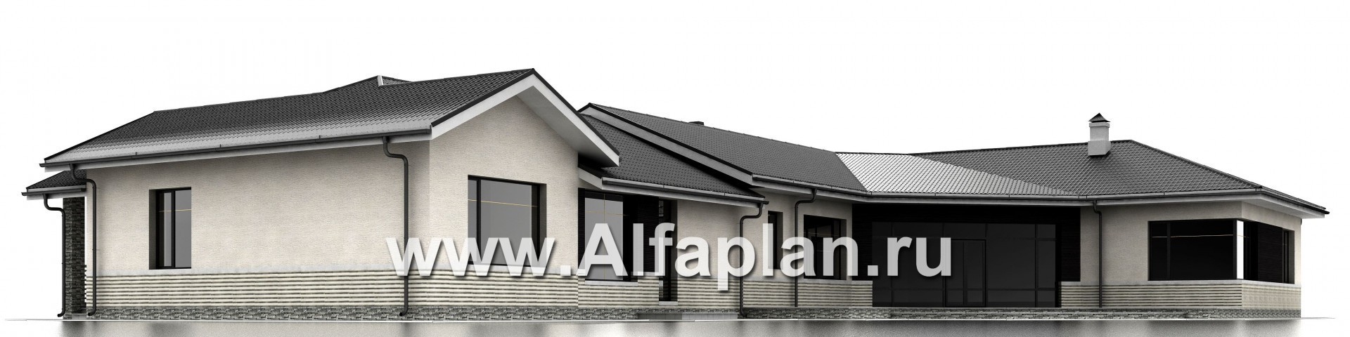 Проекты домов Альфаплан - «Модуль» — одноэтажный дом с бассейном и гостевой квартирой - изображение фасада №4