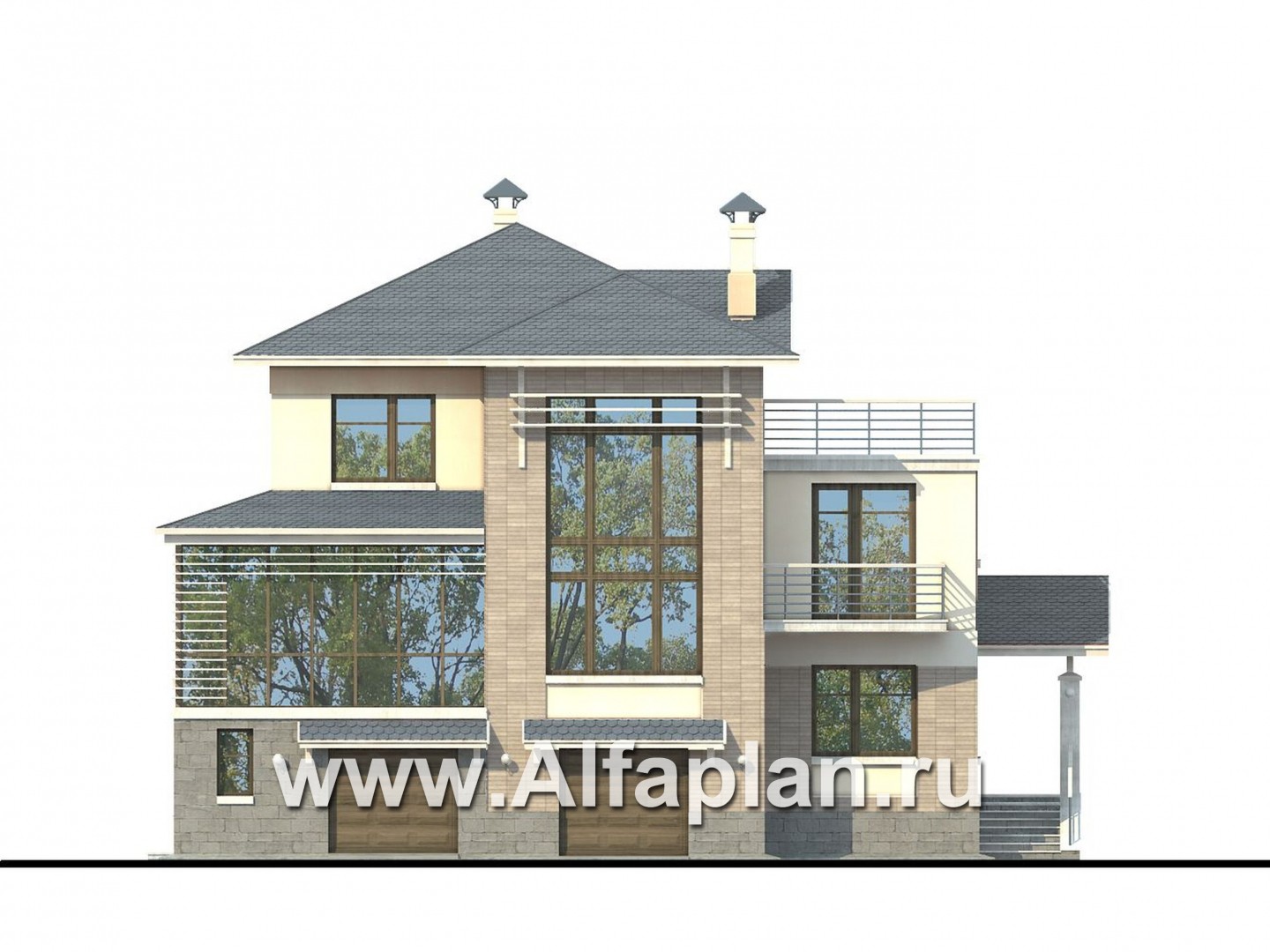 Проекты домов Альфаплан - «Три  семерки»- современный особняк с большими окнами - изображение фасада №1