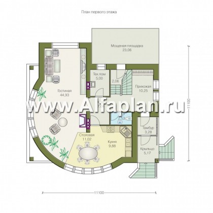 Проекты домов Альфаплан - «Свой остров» - коттедж с полукруглой гостиной и мансардными окнами - превью плана проекта №1