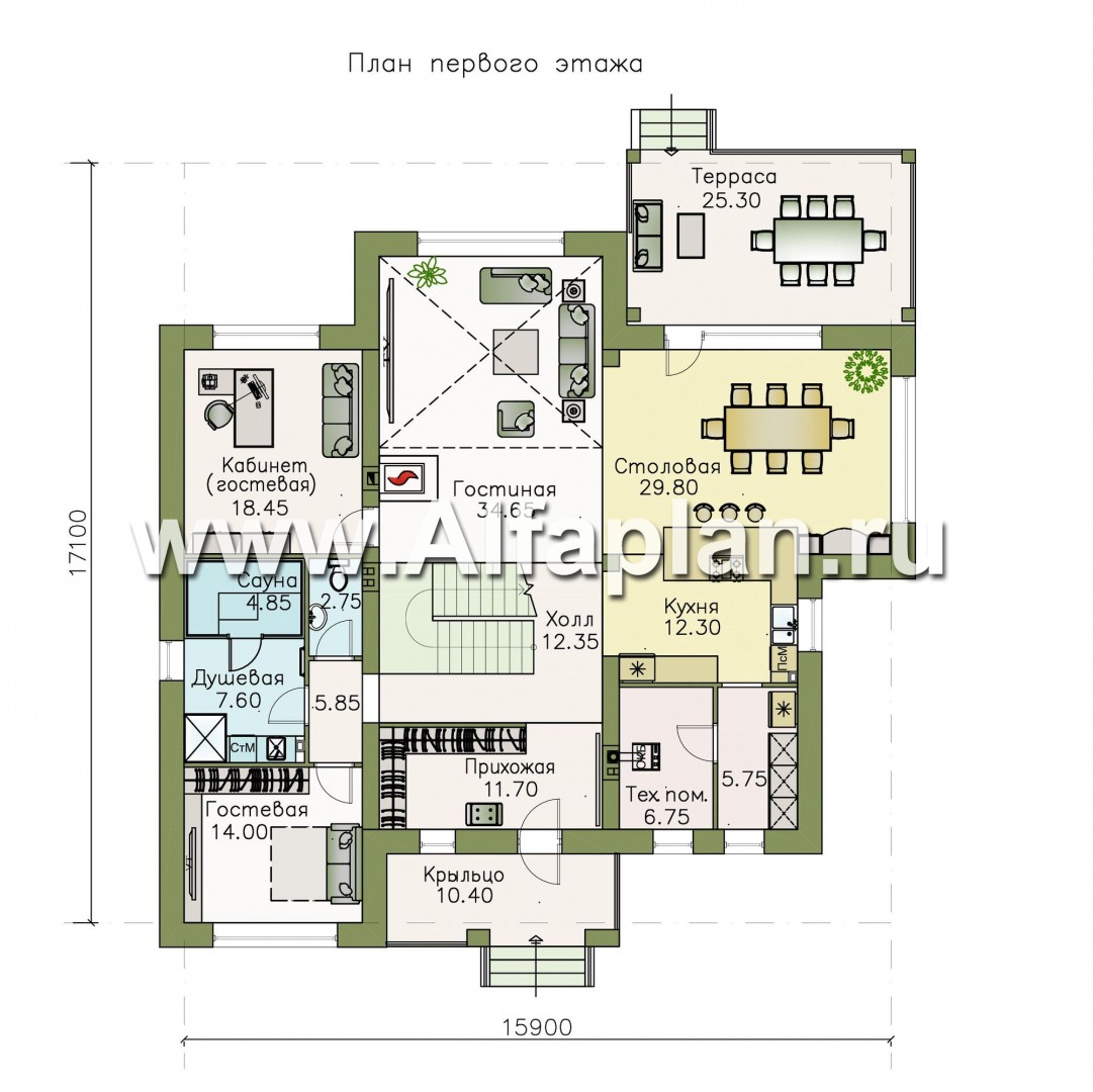 Проекты домов Альфаплан - «Неман» - загородный дом с двусветной гостиной - план проекта №1