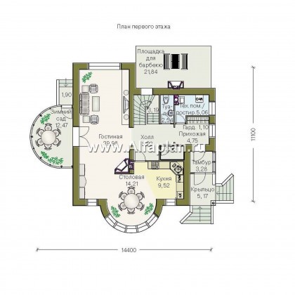 Проекты домов Альфаплан - «Новелла» - архитектурная планировка с полукруглым зимним садом - превью плана проекта №1