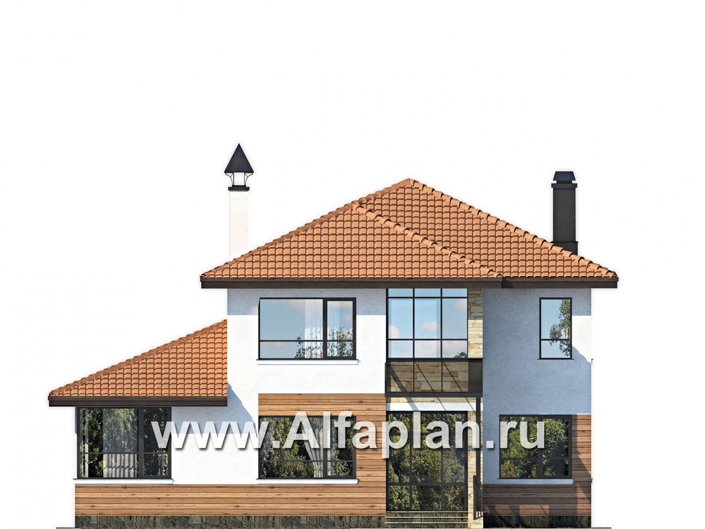 Проекты домов Альфаплан - «Драйв»- дом с высокой гостиной и  террасой - изображение фасада №1