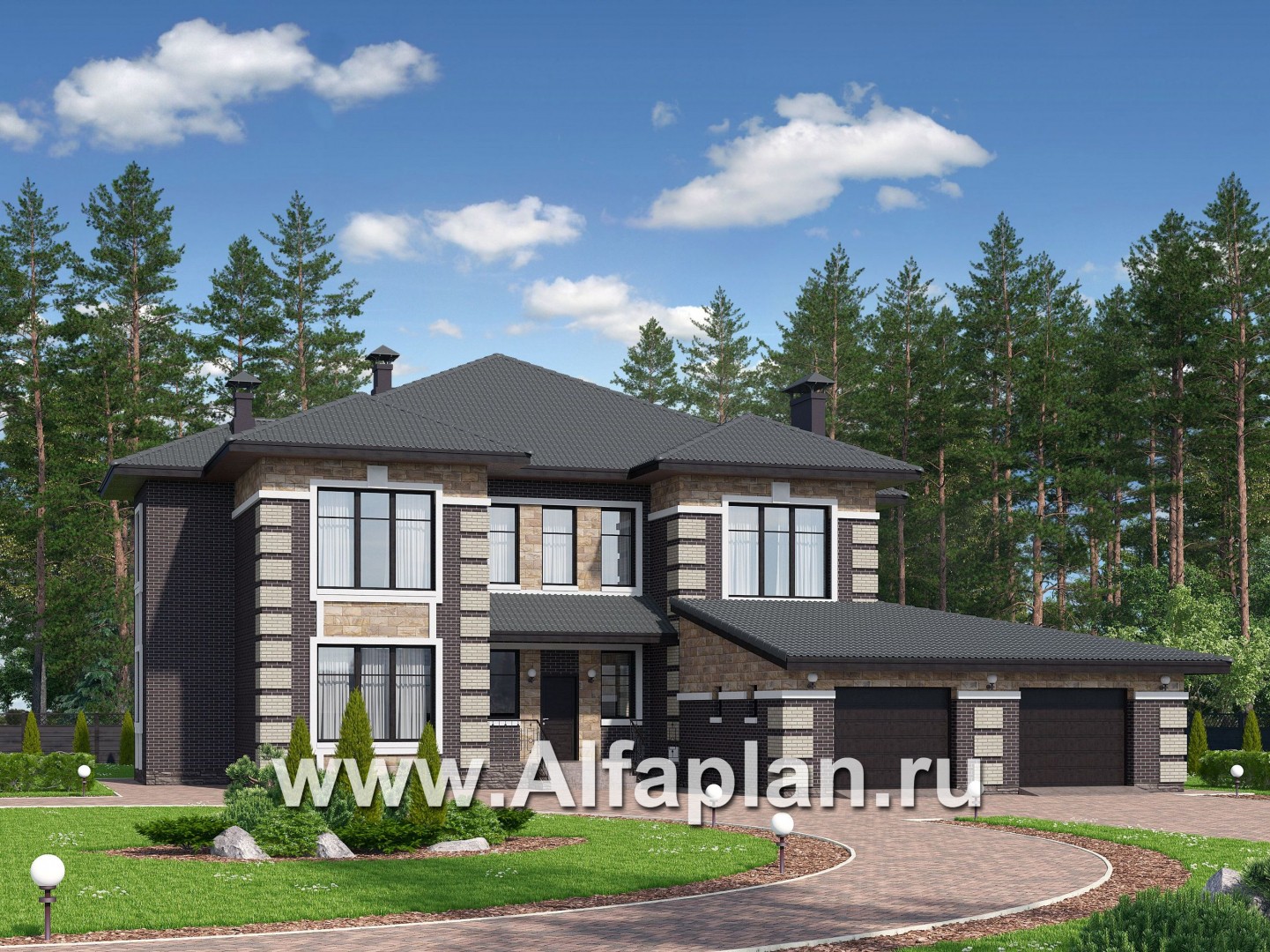 «Двина» — проект двухэтажного дома, особняк с биллиардной и с террасой, с гаражом на 2 авто - основное изображение