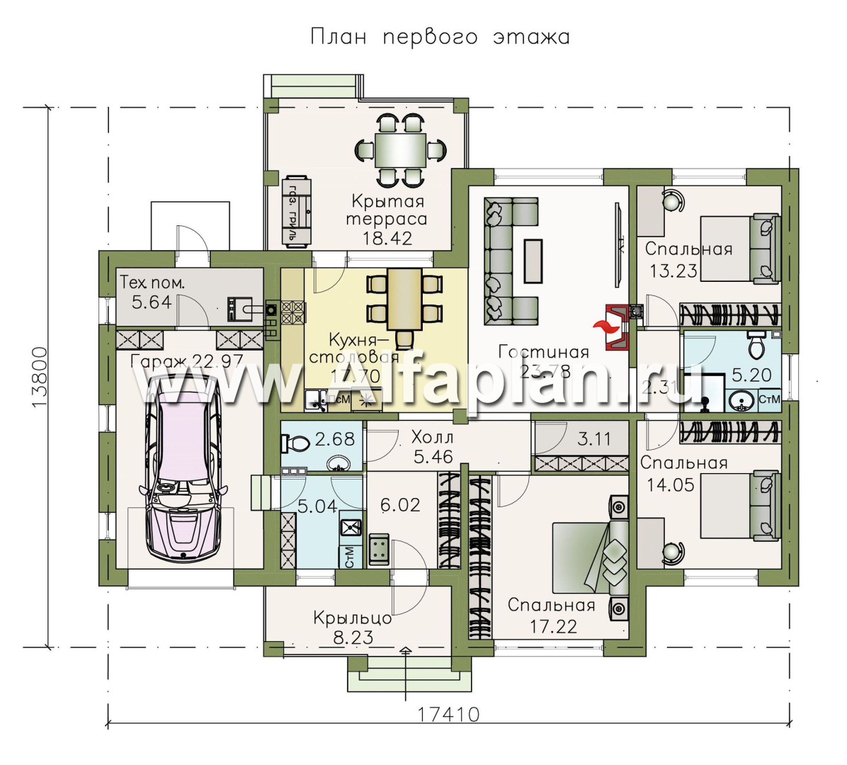 Проекты домов Альфаплан - «Жасмин» - одноэтажный дом с гаражом в классическом стиле - изображение плана проекта №1