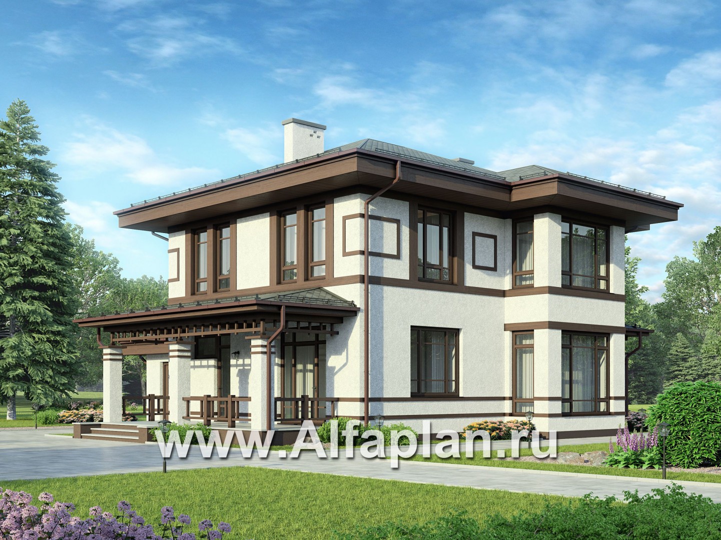 Проекты домов Альфаплан - Двухэтажный коттедж в восточном стиле с гаражом - дополнительное изображение №1