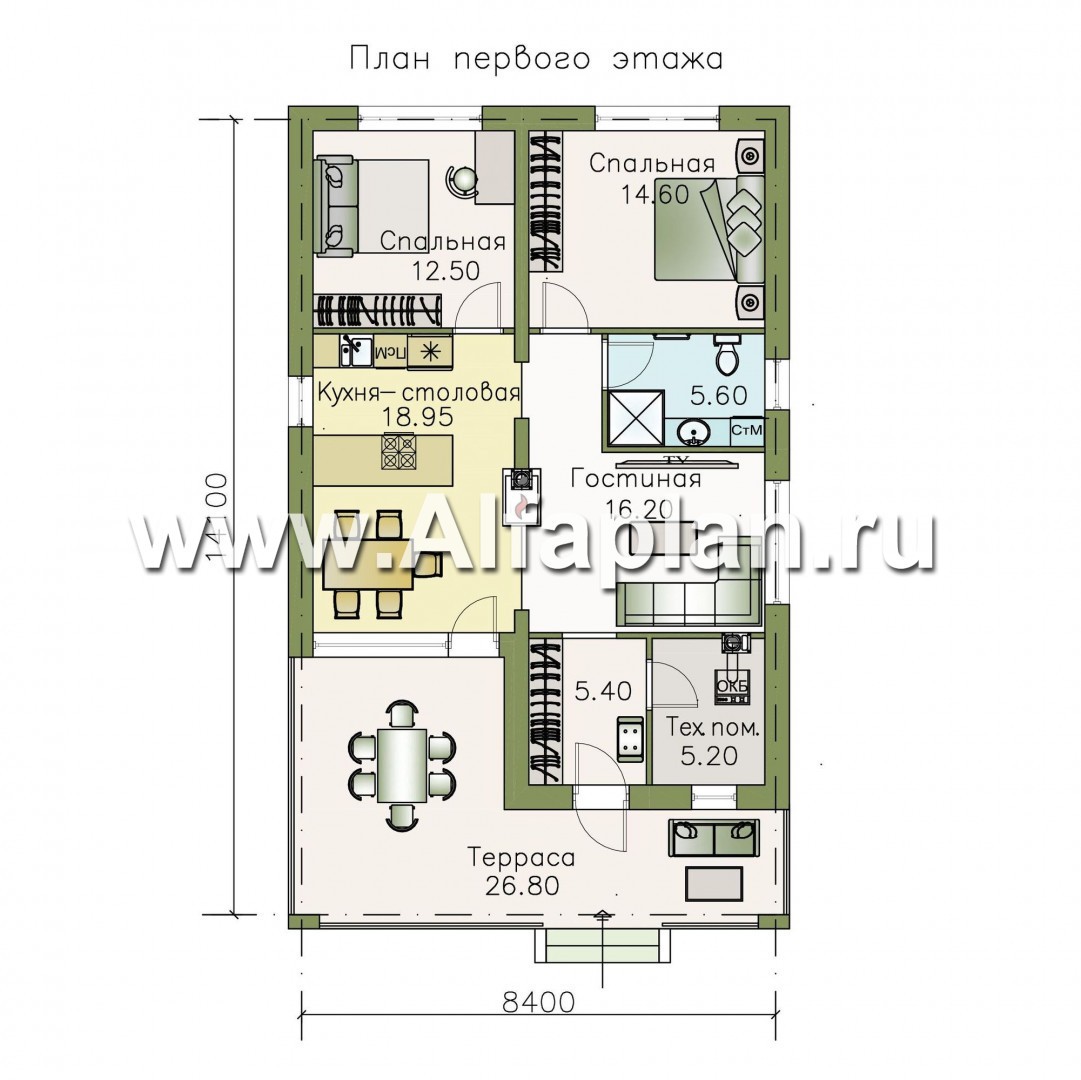 Проекты домов Альфаплан - «Родия» - одноэтажный коттедж с двускатной кровлей - изображение плана проекта №1