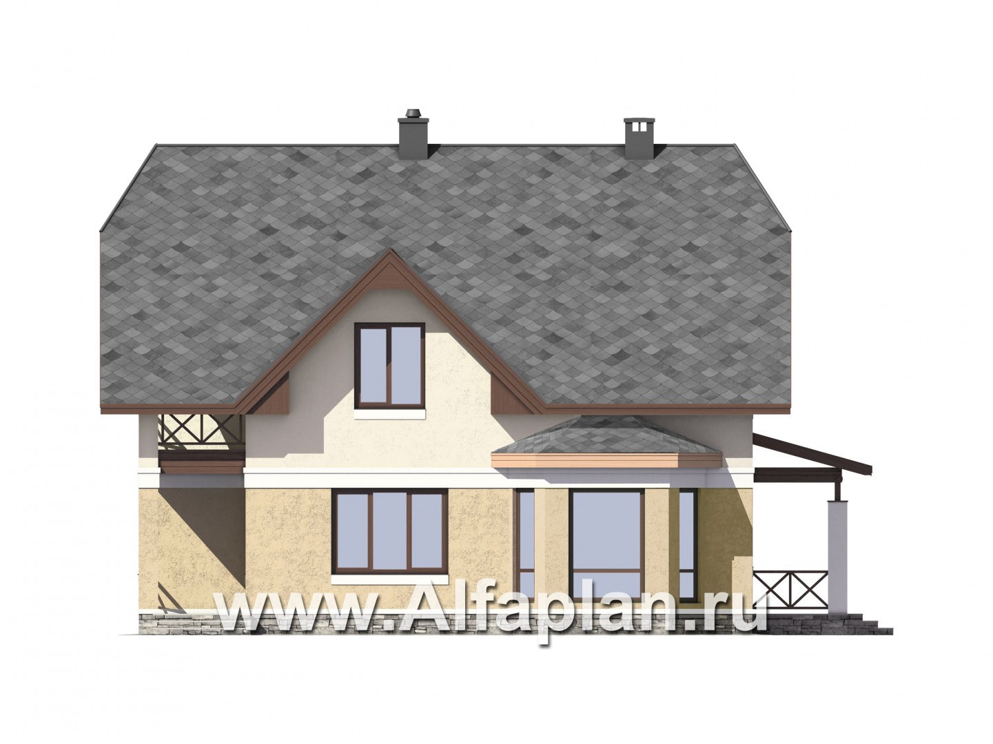 Проект дома с мансардой, планировка с террасой и кабинетом на 1 эт, с эркером и с гаражом на 1 авто - фасад дома