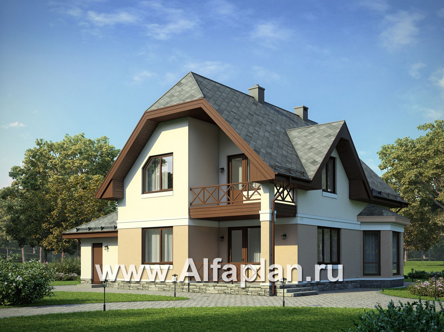 Проект дома с мансардой, планировка с террасой и кабинетом на 1 эт, с эркером и с гаражом на 1 авто - основное изображение