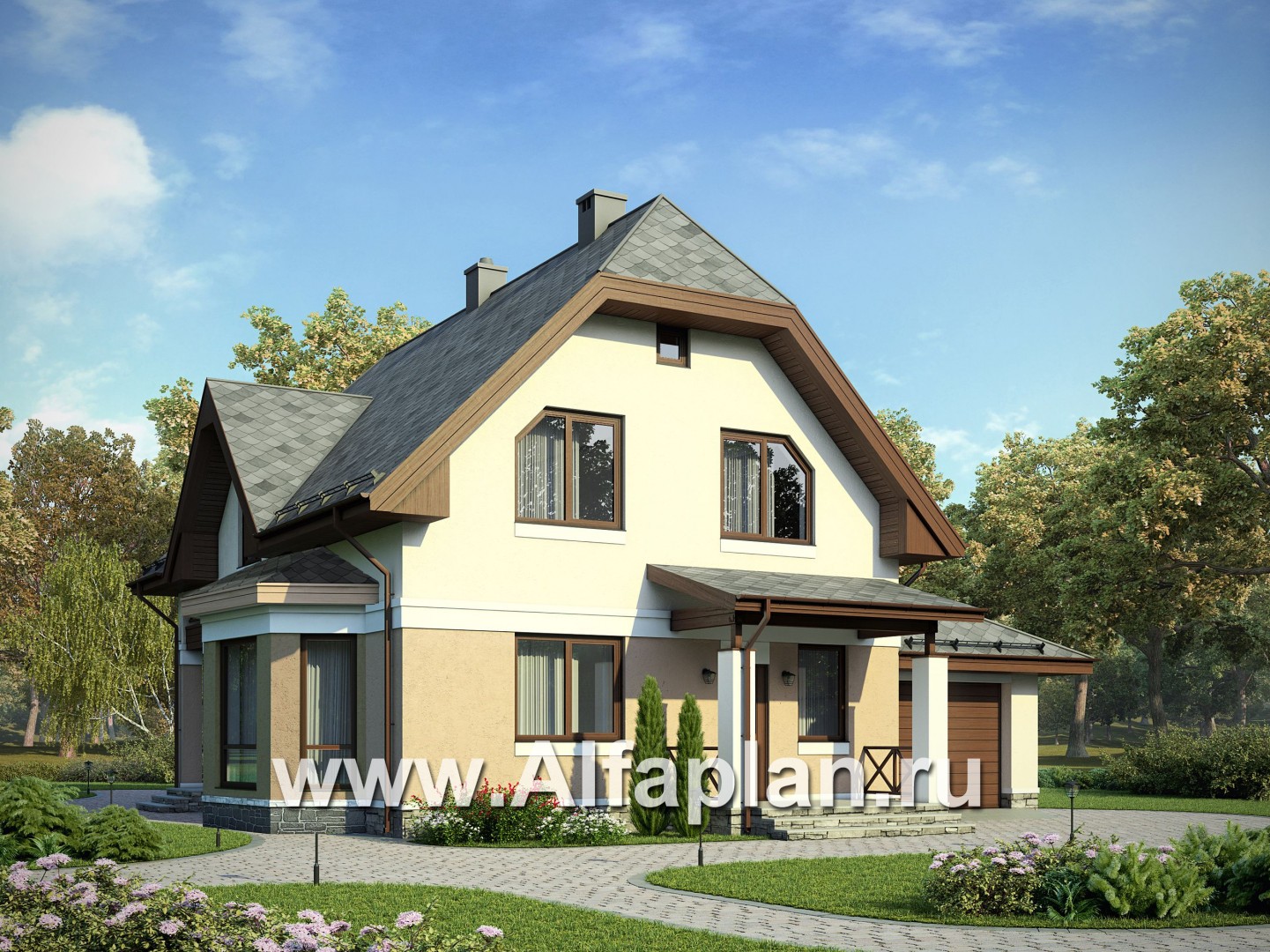 Проект дома с мансардой, планировка с террасой и кабинетом на 1 эт, с эркером и с гаражом на 1 авто - дизайн дома №1