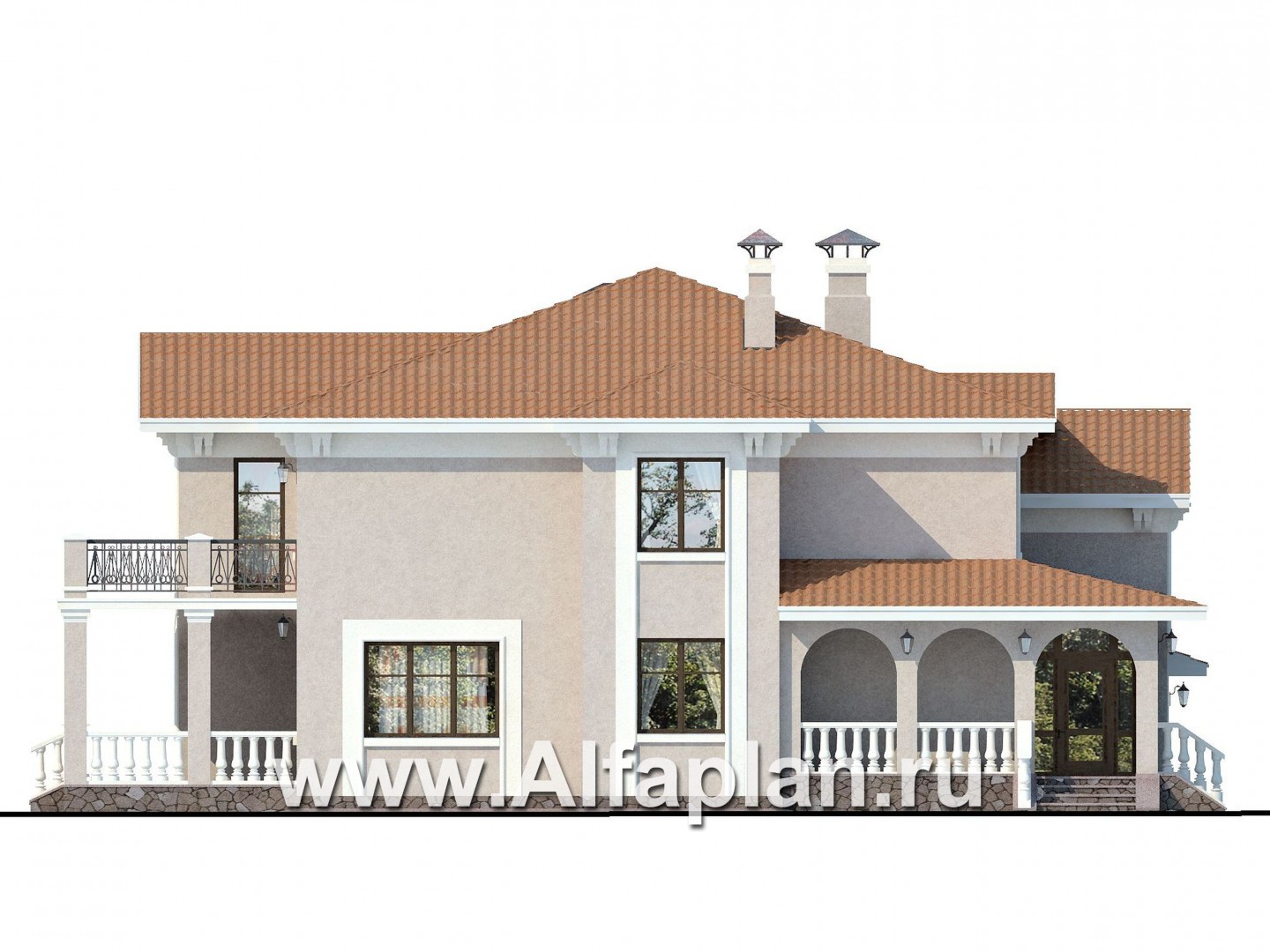 «Беатрис» - проект двухэтажного дома из кирпича, с террасой и с гаражом на 2 авто - фасад дома