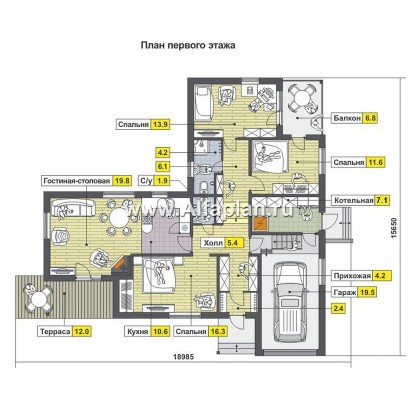 Проекты домов Альфаплан - Одноэтажный деревянный дом на рельефе - превью плана проекта №1