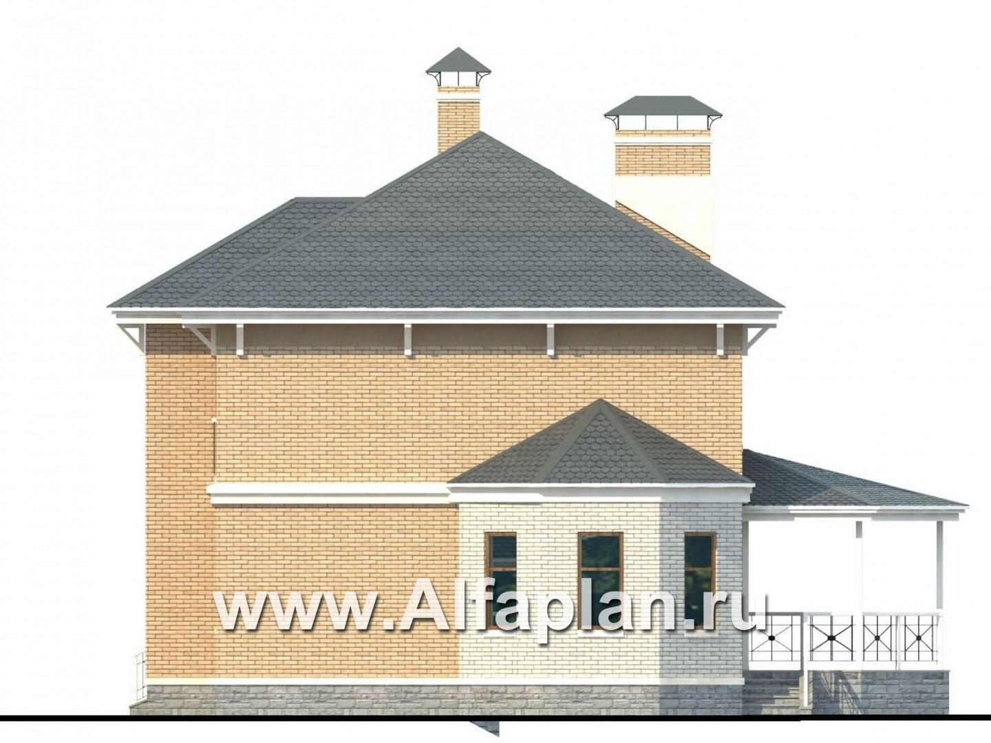 Проекты домов Альфаплан - «Гармония» - двухэтажный коттедж с навесом для машины и террасой - изображение фасада №2