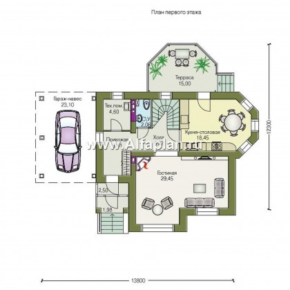 Проекты домов Альфаплан - «Гармония» - двухэтажный коттедж с навесом для машины и террасой - превью плана проекта №1