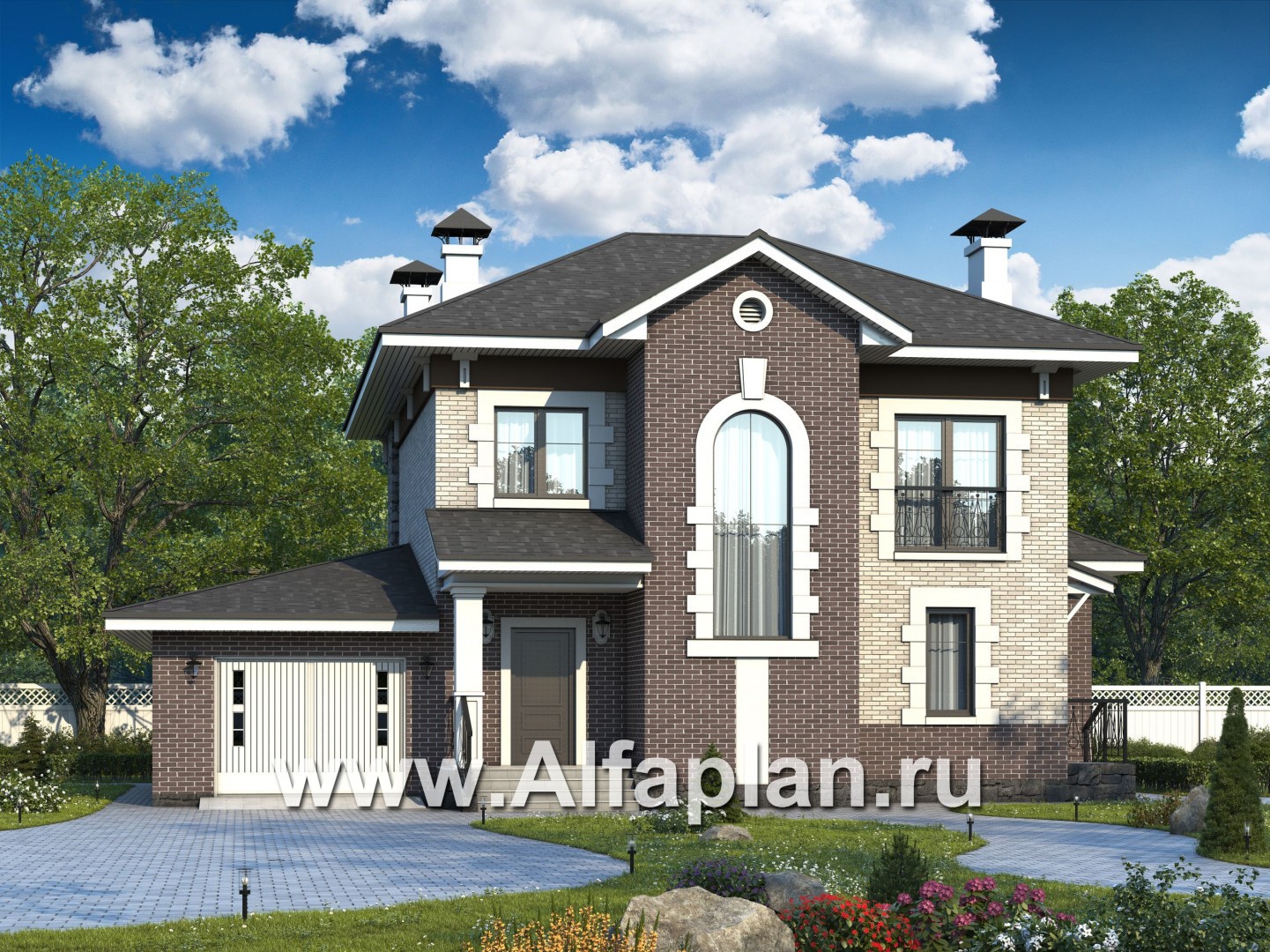 Проекты домов Альфаплан - «Равновесие» - изящный коттедж с террасами и гаражом - основное изображение