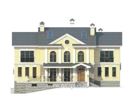 Проекты домов Альфаплан - «Поместье» - проект двухэтажного дома, с мансардойи двусветной гостиной, вилла в классическом стиле - превью фасада №1
