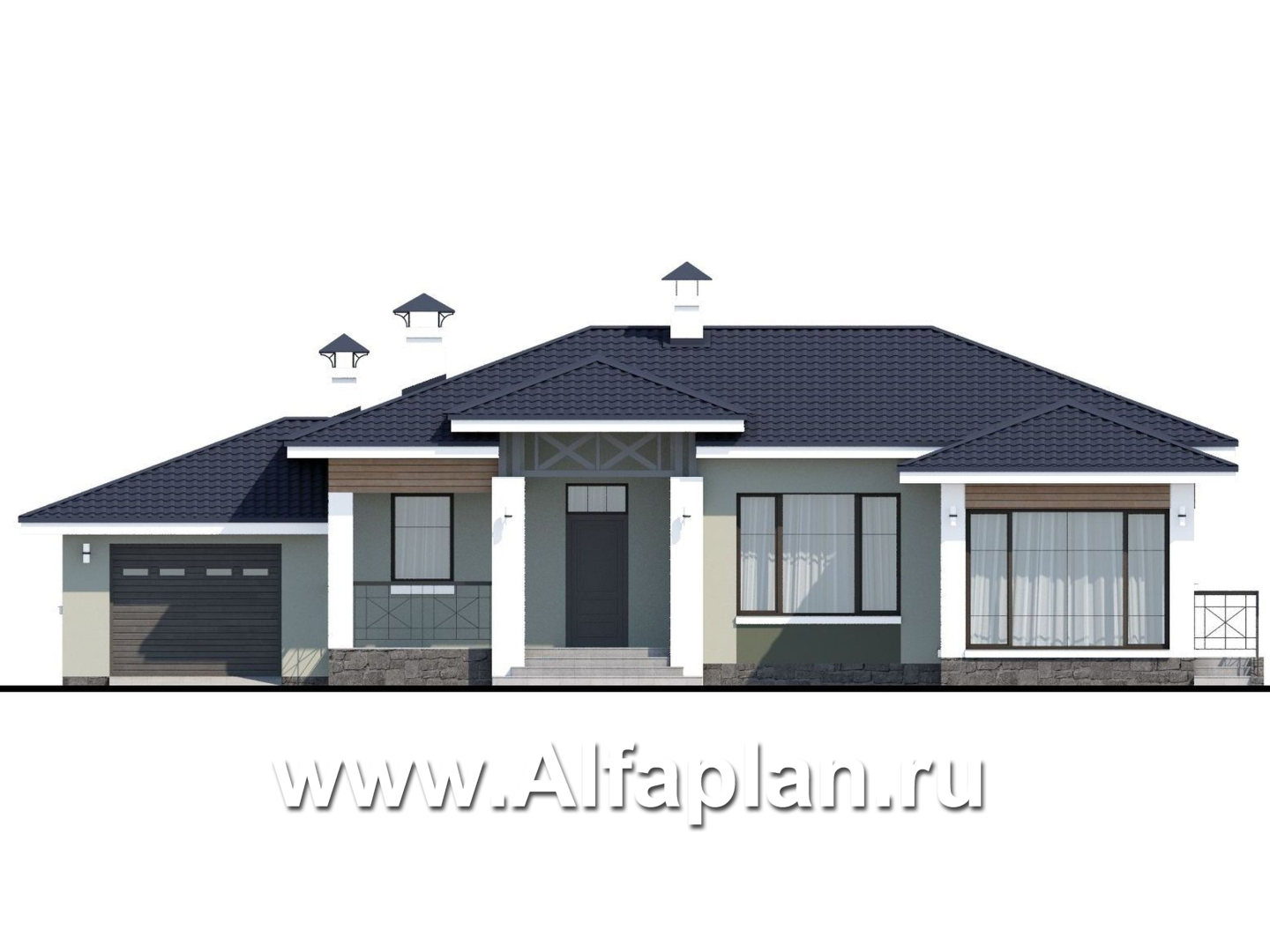 Проекты домов Альфаплан - «Теплый очаг» - компактный одноэтажный дом с гаражом - изображение фасада №1